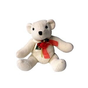 Cream Knit Teddy‎ Bear Plush with Red Rose and Ribbon Accent Vintage Style Decor
